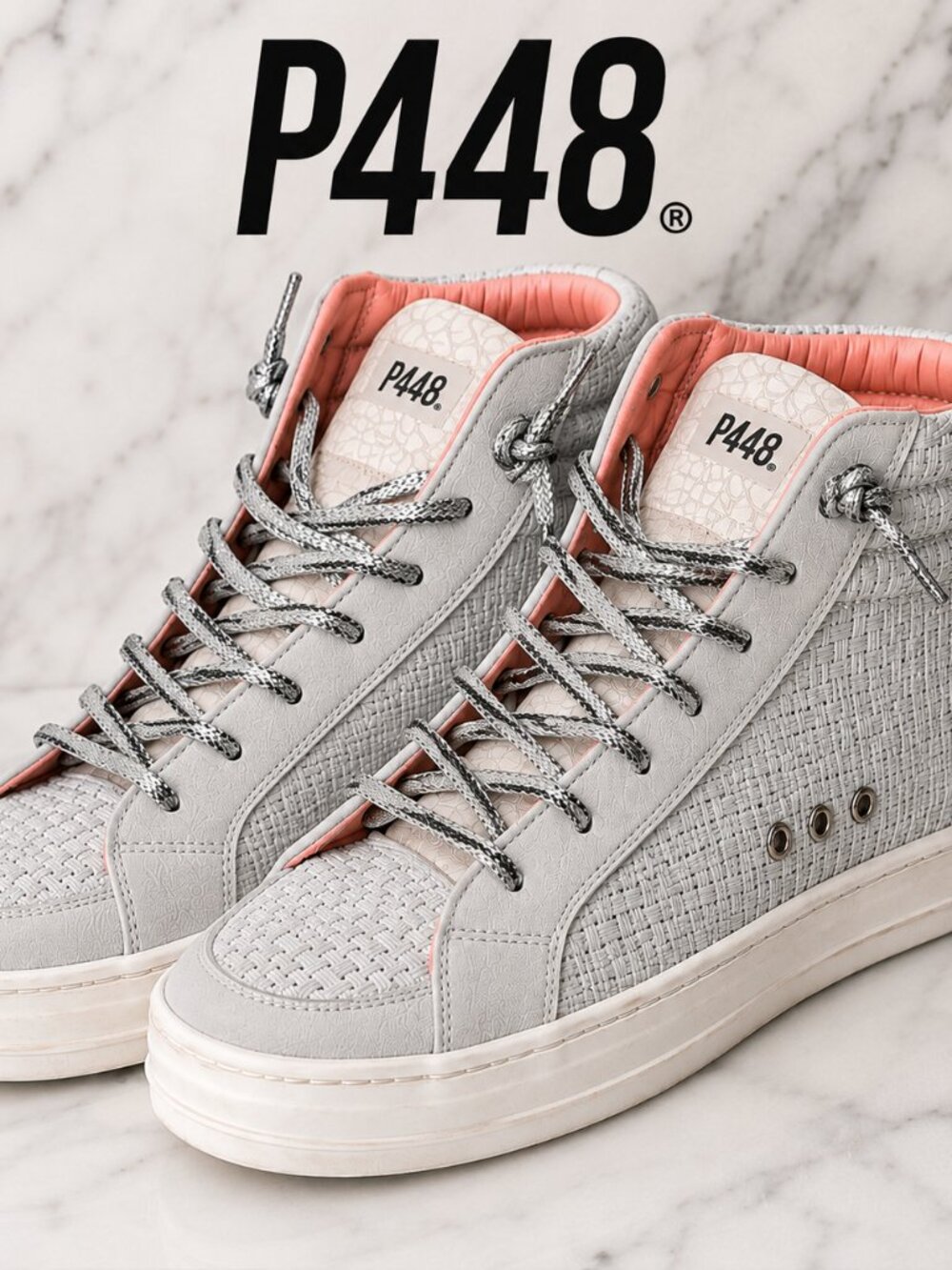 P448 Light Gray Woven Leather High Top Sneakers Silver Laces EU 38 US 7.5-8